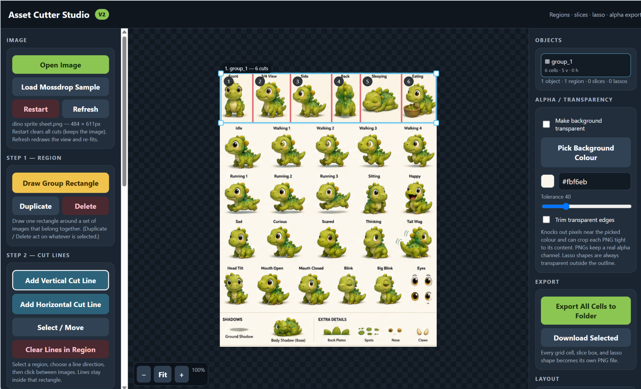 Asset Cutter Studio working screen with a sprite sheet on its checkerboard canvas, regions, cut lines, and transparency settings.